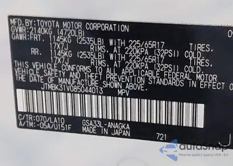 2008 Toyota Rav4 Limited V6 from USA, damaged, VIN JTMBK31V085044013